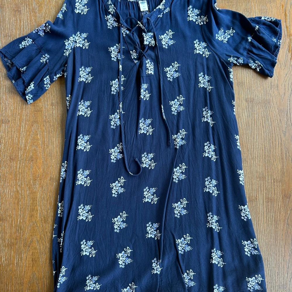 Old Navy Blue Floral Blouse with Tie Neck